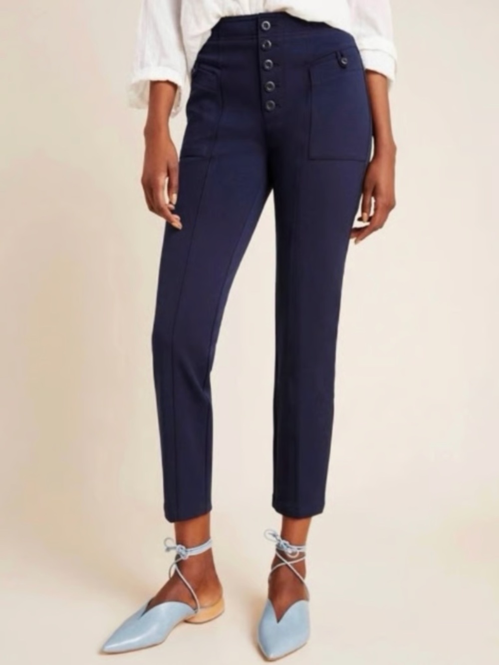 Anthropologie Bryson Tapered Ankle Button Fly Pants Navy Women's US 8
